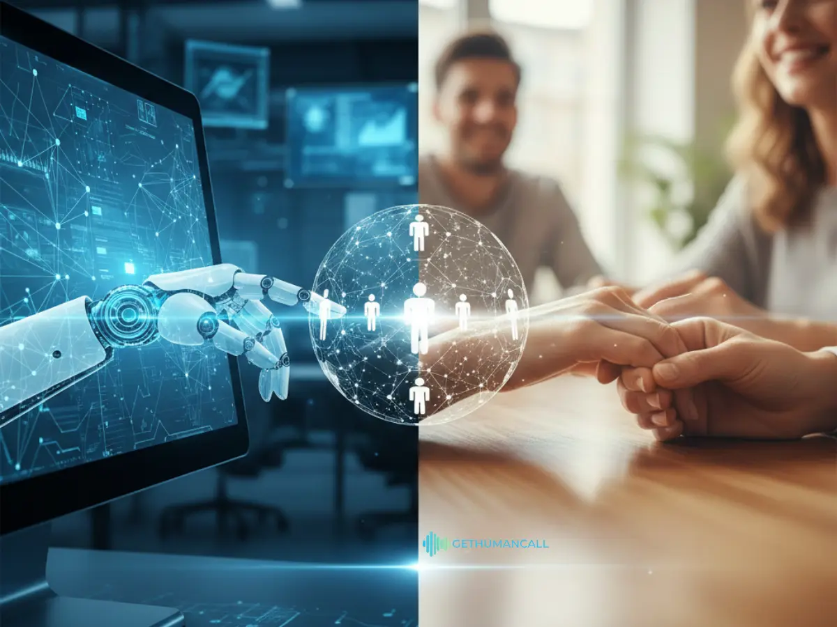 Illustration of artificial intelligence and human collaboration in contact center operations