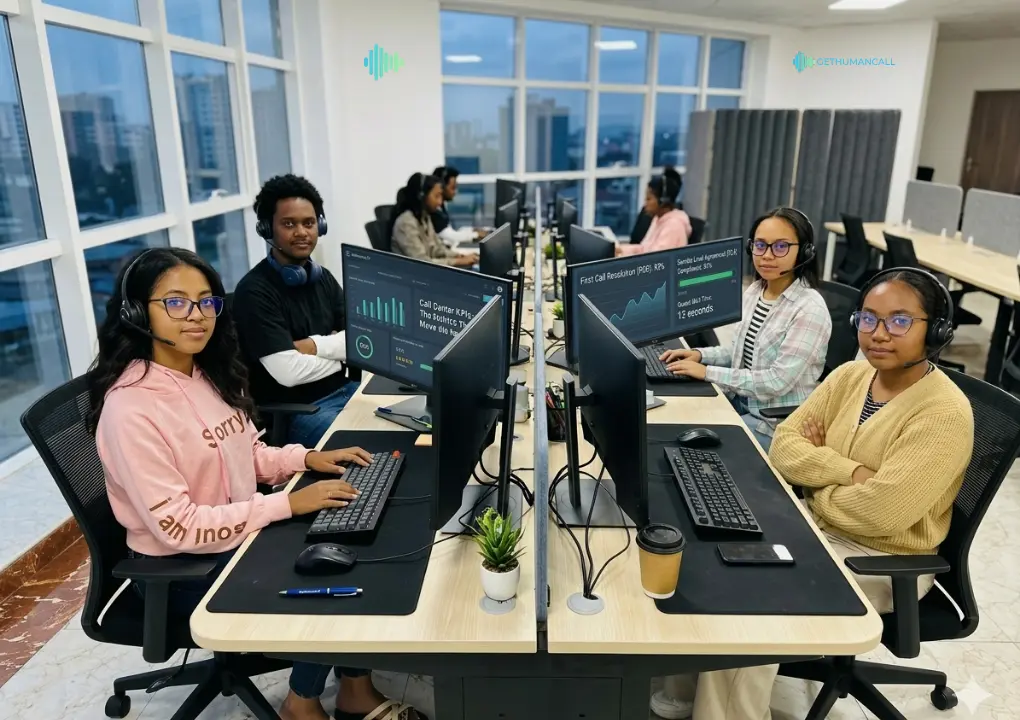 A professional call center team at their workstations, with digital screens displaying key performance metrics (KPIs) like FCR and service levels in a modern office.