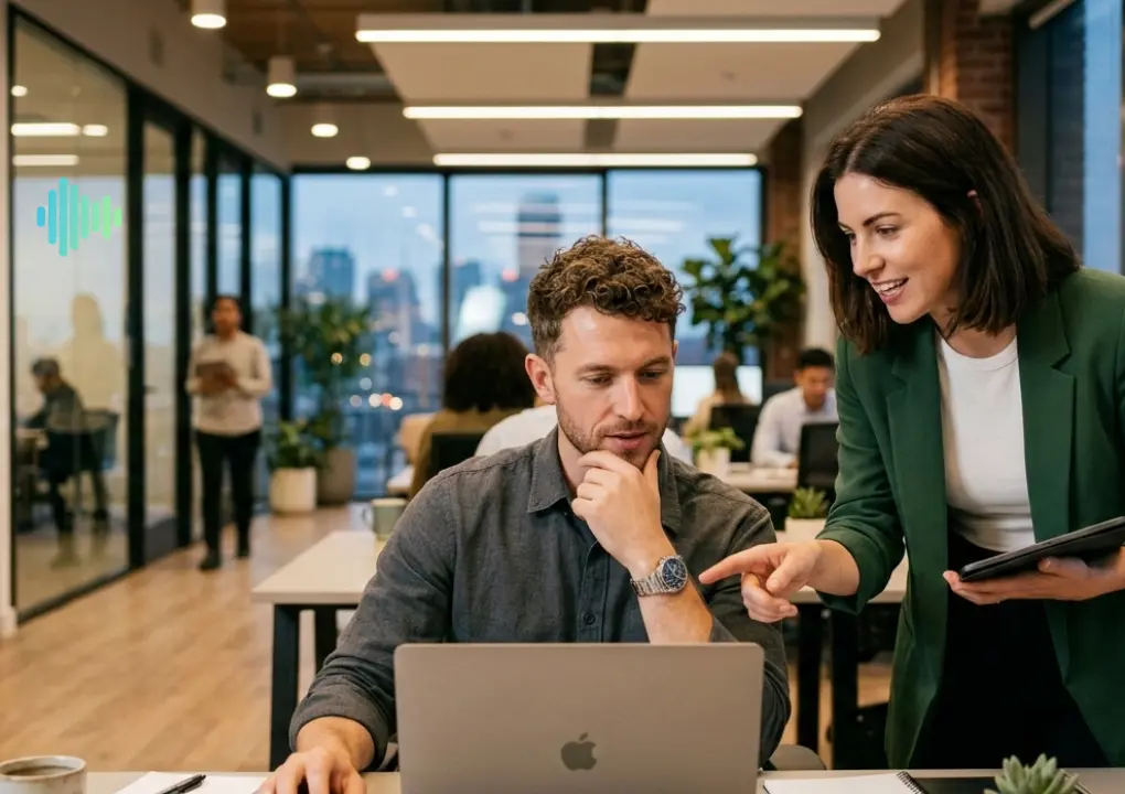 Two people at work talking to each oher in front of a PC