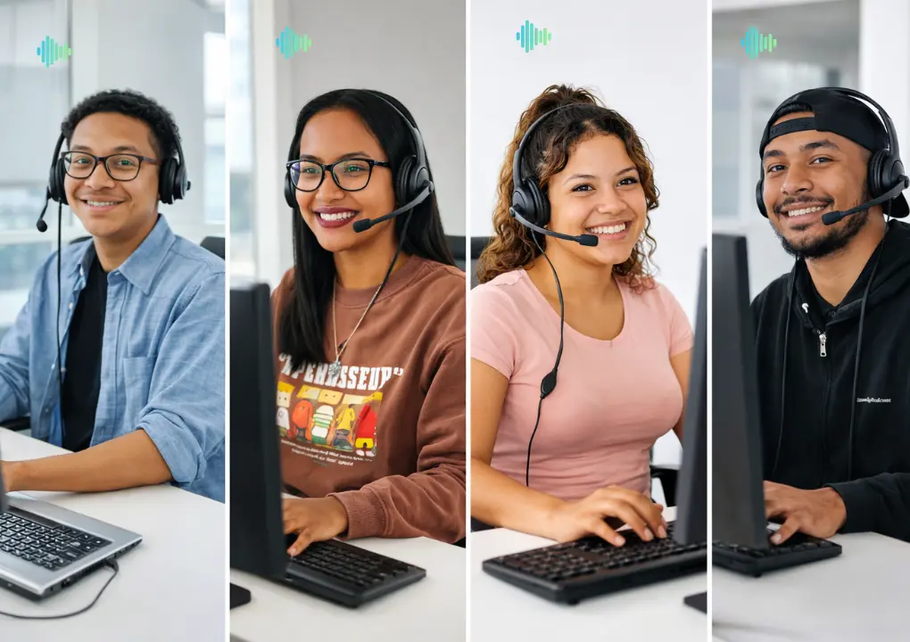 Four people smiling working as customer care