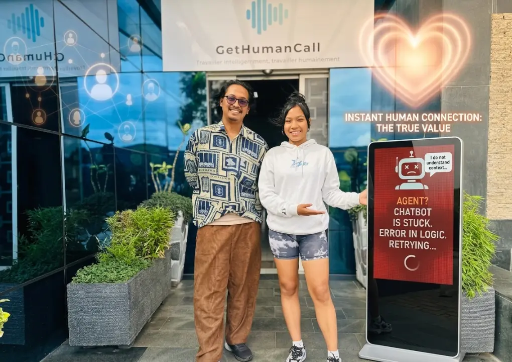 Two GetHumanCall's agents in front of the door of GetHumanCall with chatbot on screen beside