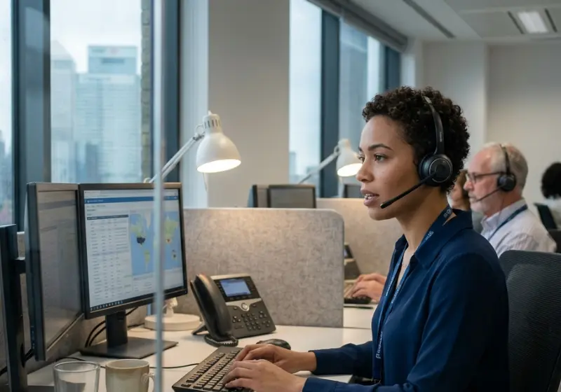 A woman working at a call center in London