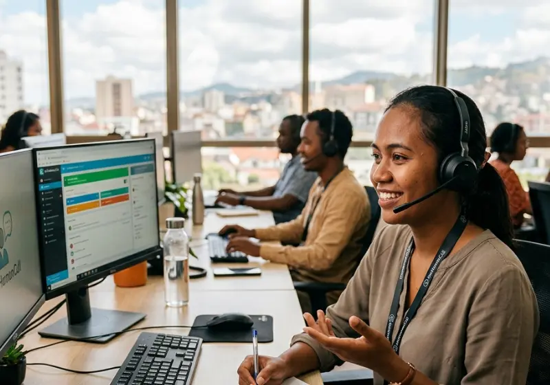 Woman at an outsourced call center working and smiling
