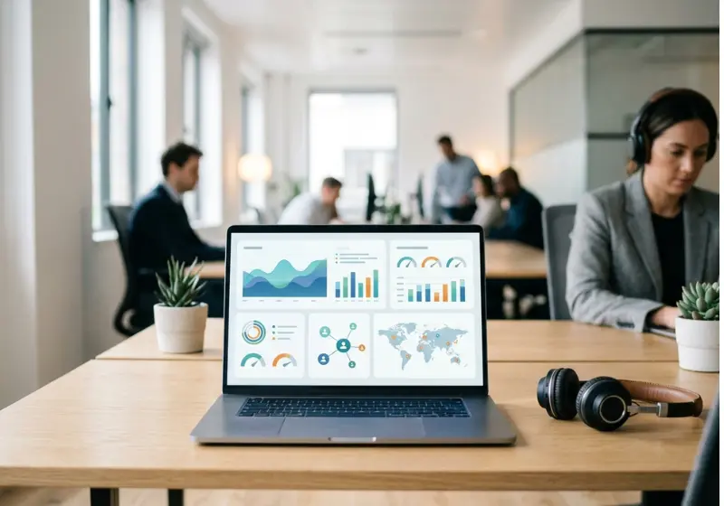 A laptop on a table where there are data of customer service outsourcing process