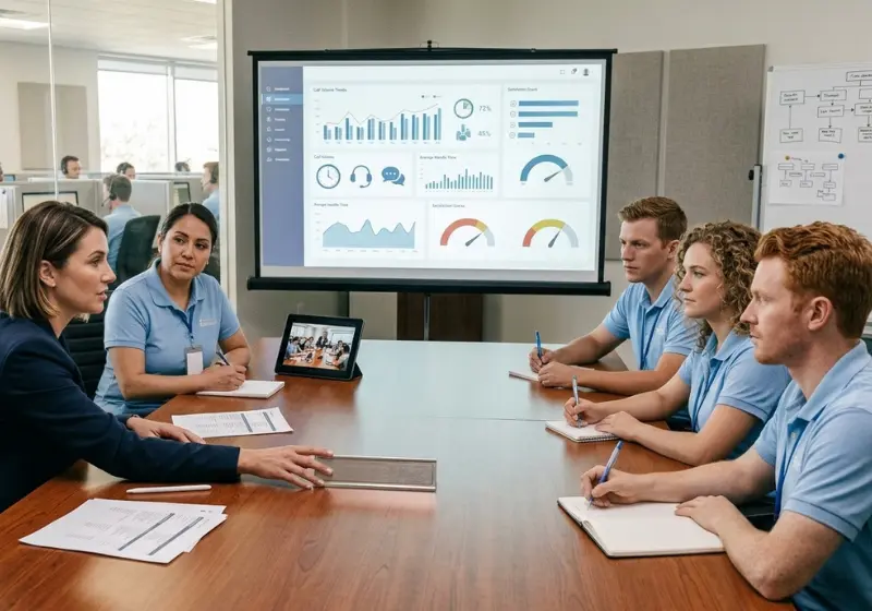 Many people on a table talking about how to keep control ver outsourced customer service team