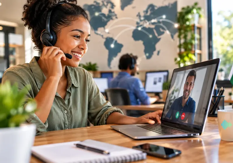 A smiling woman at her workstation, wearing a headset to ensure a better customer experience/ GetHumanCall