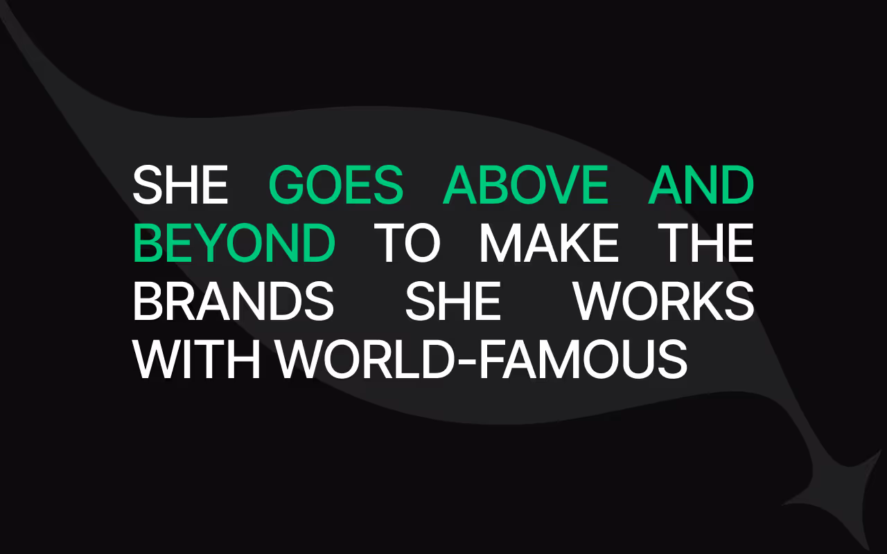 Graphic quote saying ‘She goes above and beyond to make the brands she works with world-famous’ describing Olha Boiko’s impact as a brand strategist.