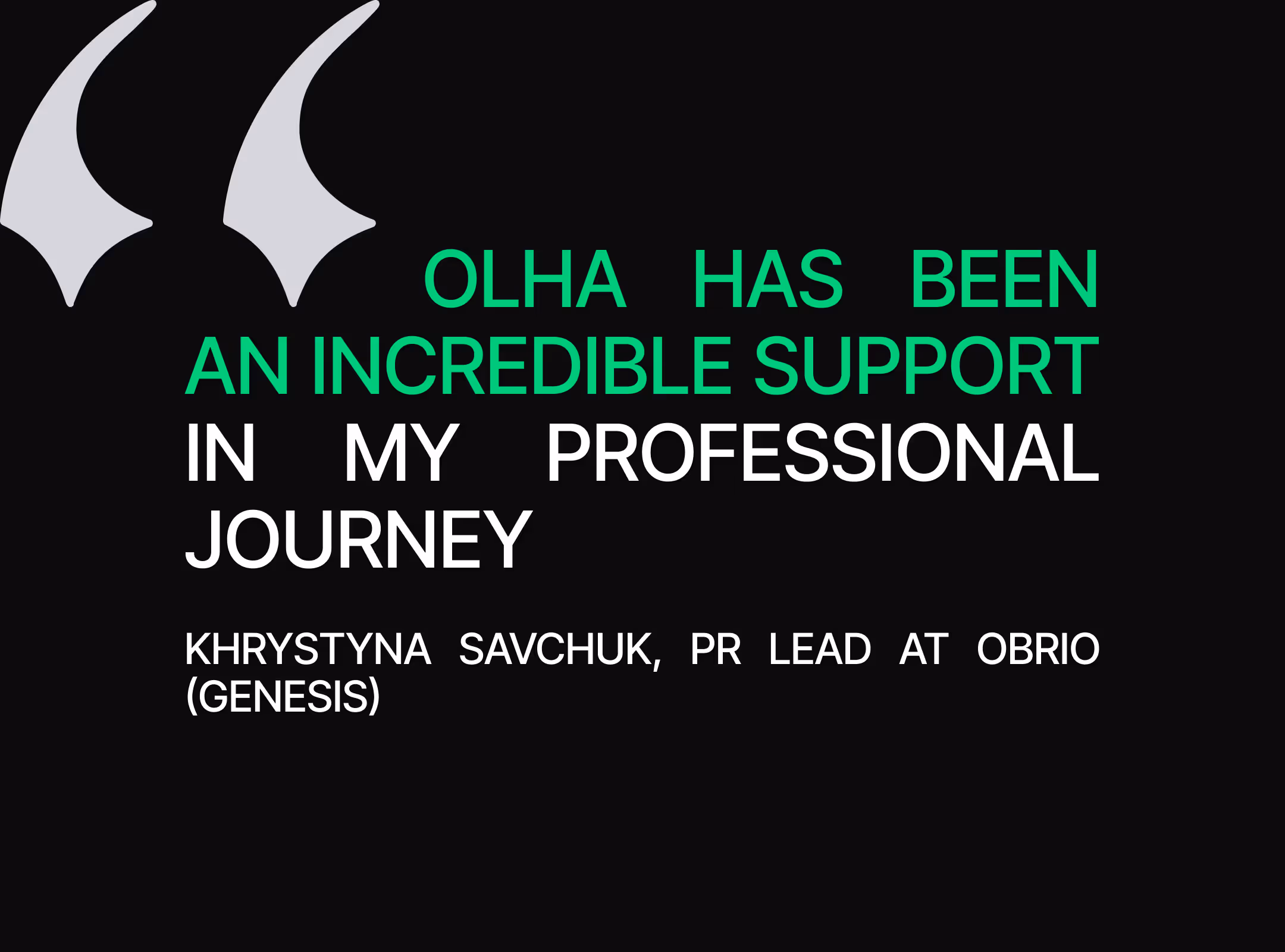 Testimonial from Khrystyna Savchuk, PR Lead at OBRIO, describing Olha Boiko as an incredible mentor and professional support.