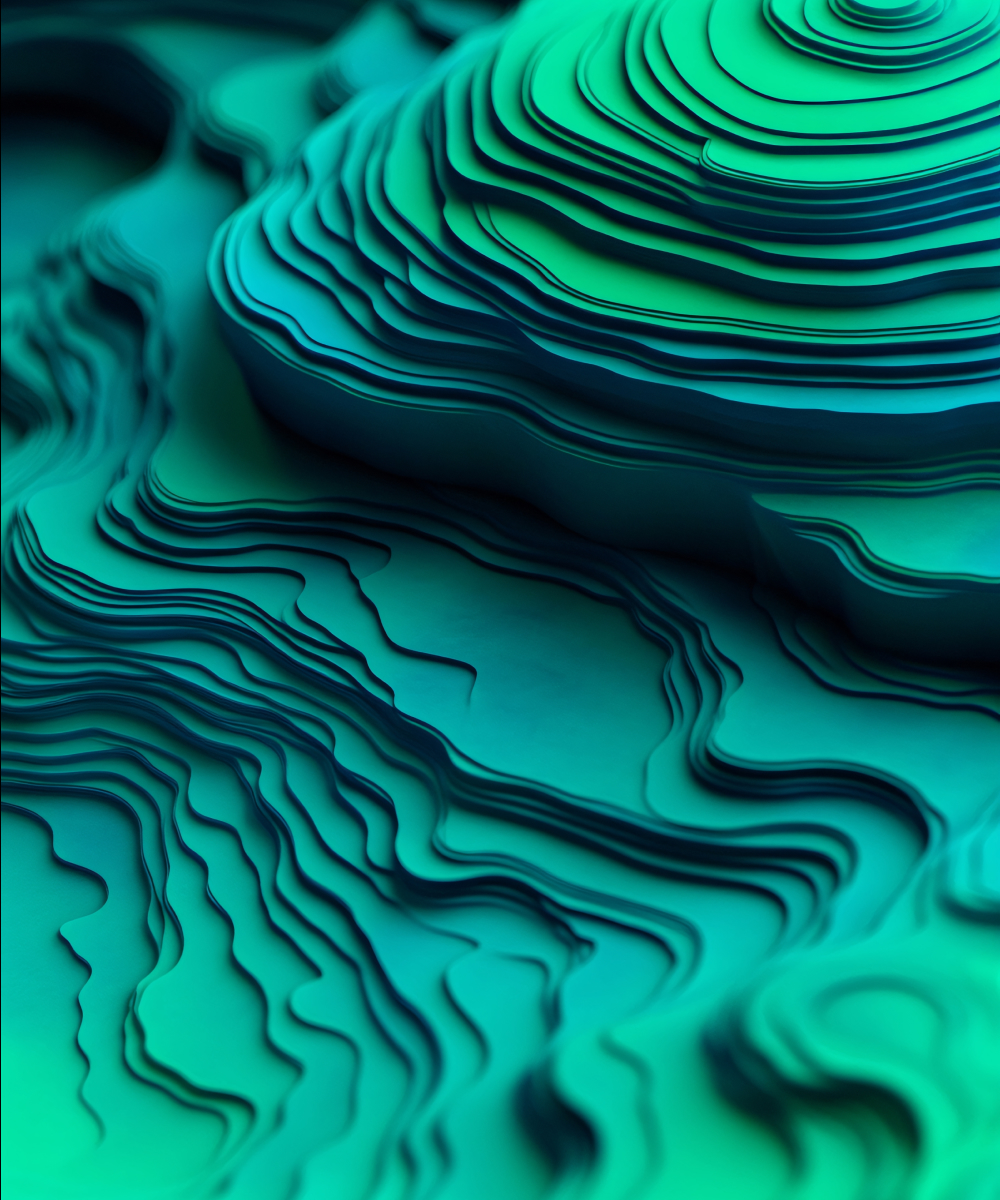 Layered teal 3D abstract waves symbolising depth and structured strategic thinking in Turn Heads Global consultation.