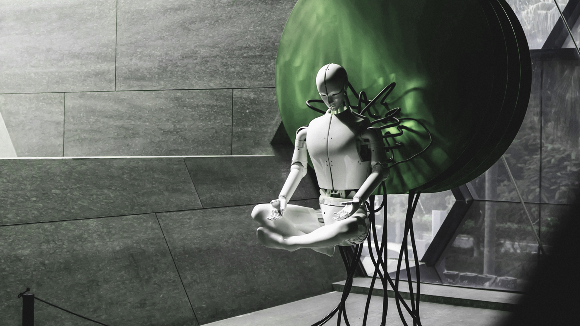 Mannequin connected to cables with green sphere background symbolising innovation and strategic PR insight for founders.