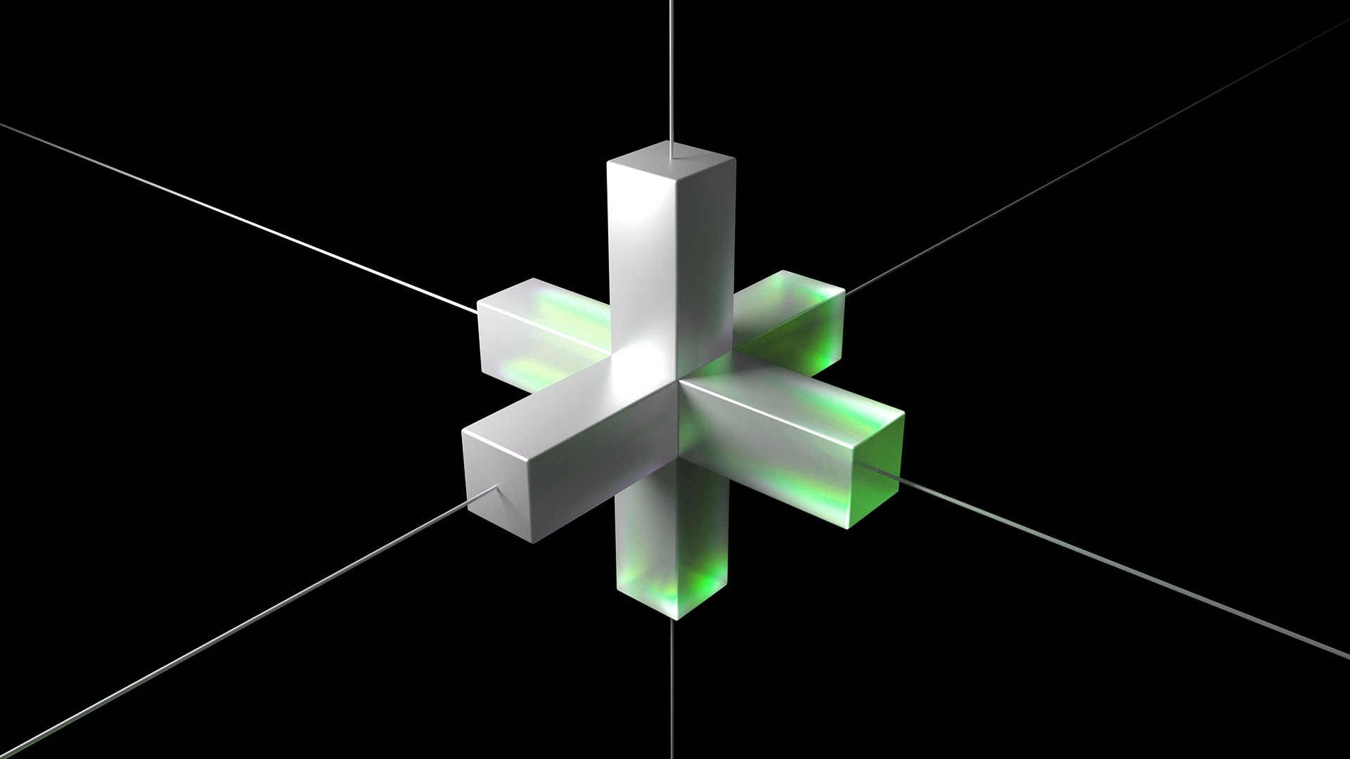 Abstract metallic 3D structure glowing with green light symbolising AI and brand perception in PR communication.