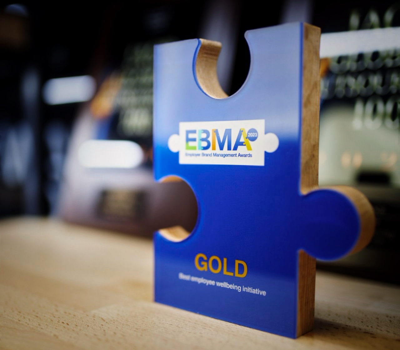 Blue and gold Employer Brand Management Awards trophy symbolising Turn Heads Global’s recognised excellence in wellbeing and culture strategy.