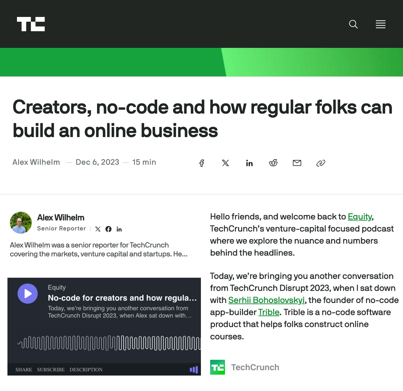 Screenshot of TechCrunch article titled ‘Creators, no-code and how regular folks can build an online business’ highlighting Trible’s feature secured by Turn Heads Global.