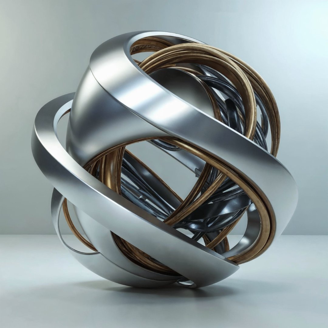 Metallic intertwined rings symbolising connection and partnership in media relations and startup storytelling.