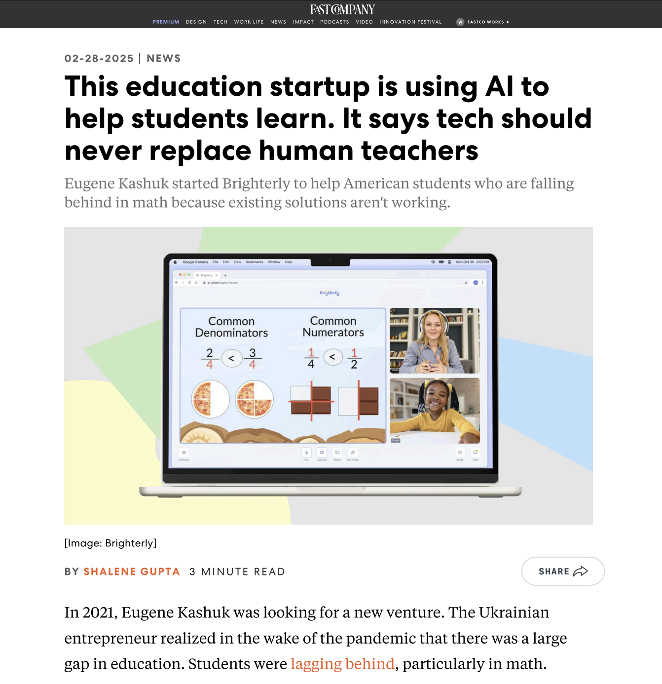 Fast Company article screenshot about Brighterly using AI to support learning.