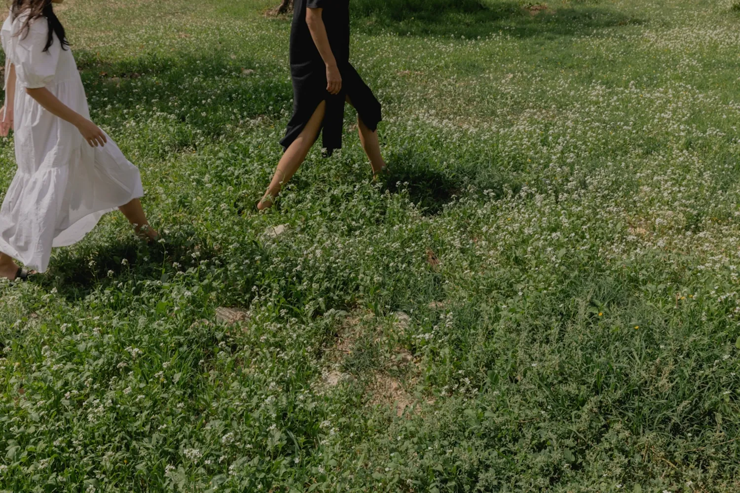 Two people walking through a field of grass.