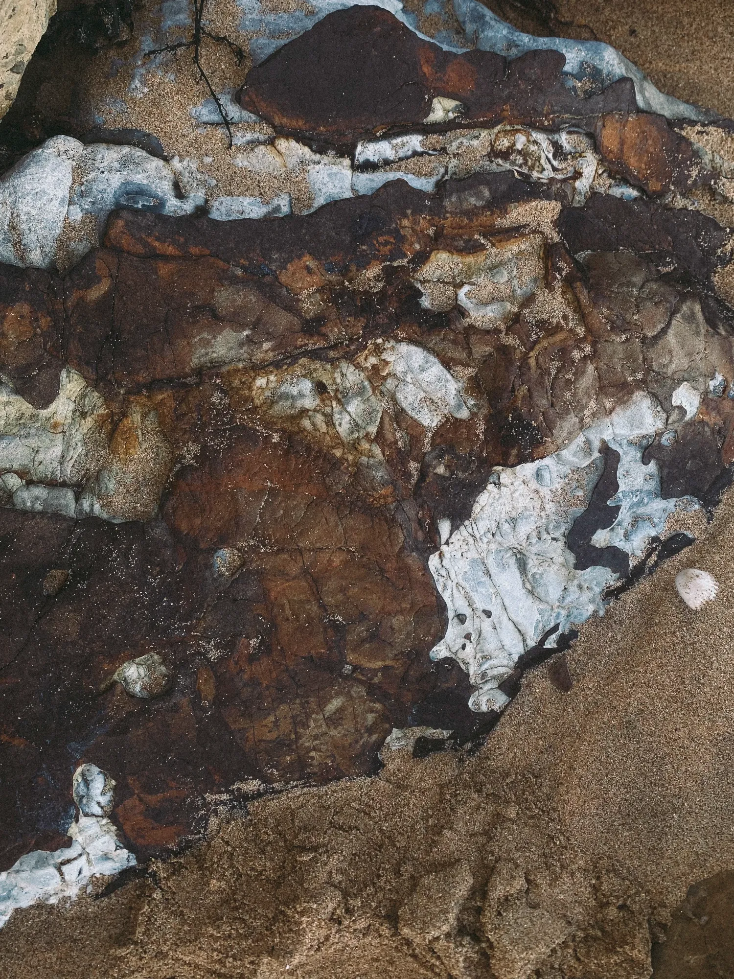 A rocky surface with a blue and white pattern.