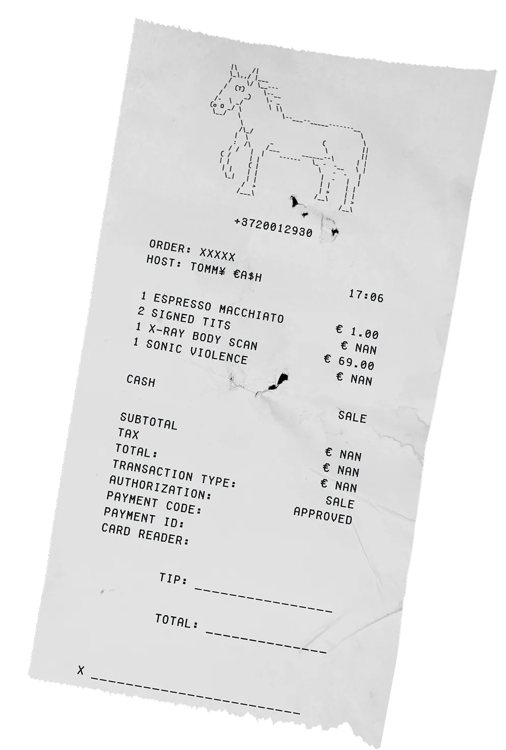 Receipt from Tommy Cash's store