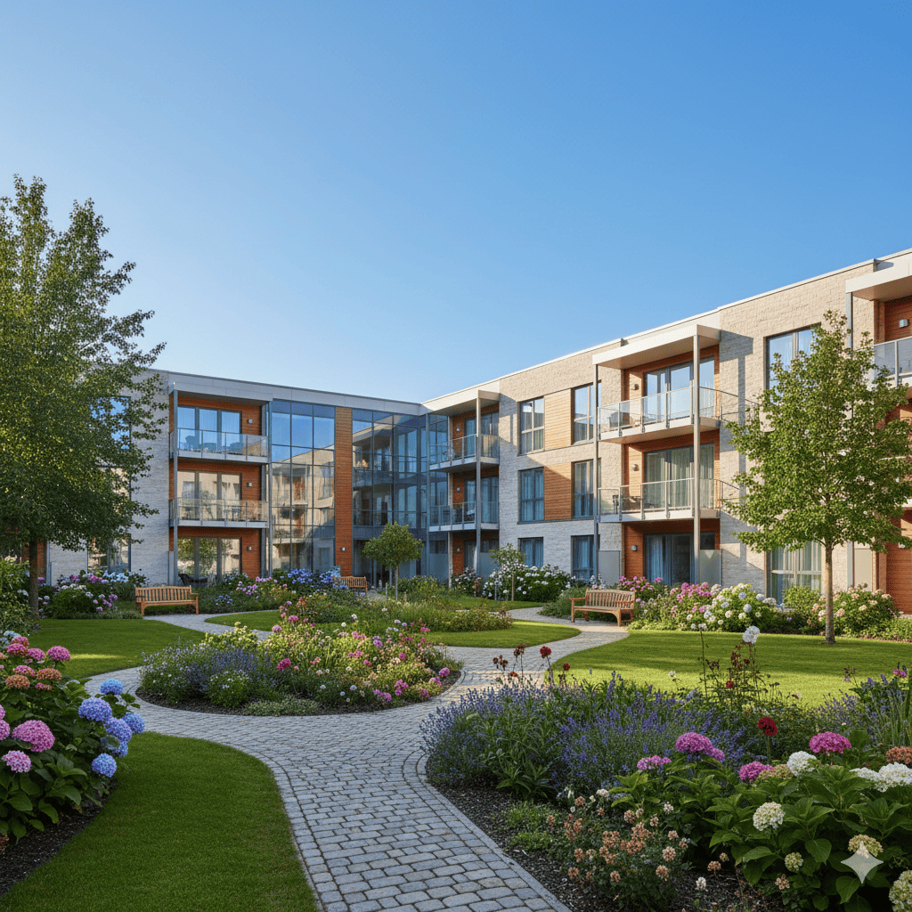 Aussenansicht eines modernen Pflegeheims, das von einem gepflegten Park mit Gehwegen, Bänken und Rasenflächen umgeben ist. Die Sonne scheint, der Himmel ist blau und wolkenlos.