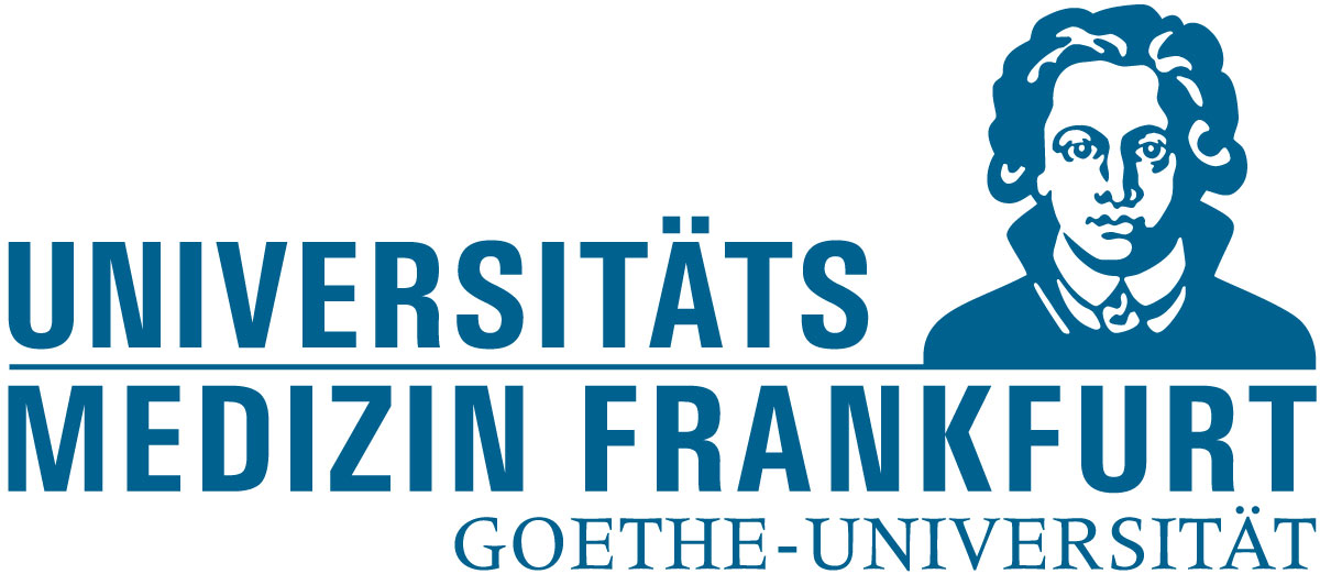 Logo der Universitätsmedizin Frankfurt mit stilisiertem Porträt von Johann Wolfgang Goethe und Text „Universitätsmedizin Frankfurt Goethe-Universität“.