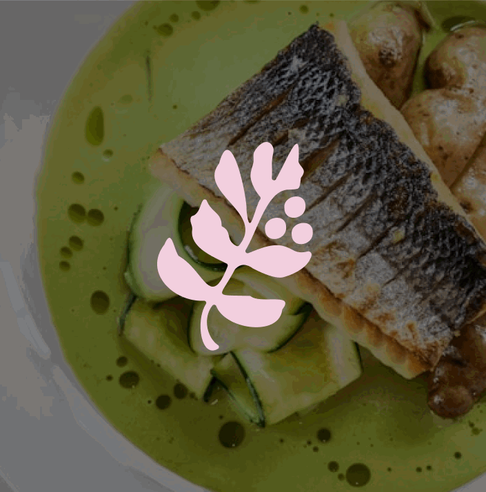 Pink woodside logo with rotating food images behind.