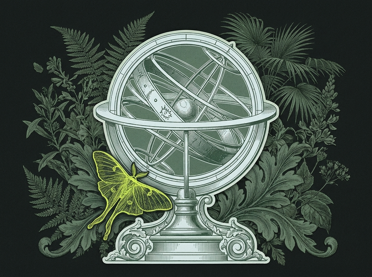 Engraved armillary sphere among ferns and foliage, with a luna moth resting on its base