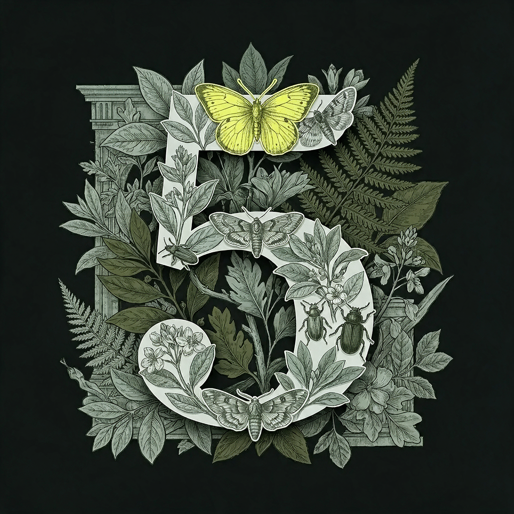 An ornamental numeral five built from engraved leaves, ferns and moths, with a yellow butterfly