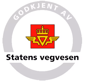 Logo med rød bakgrunn og gul krone over gule vinger, omgitt av teksten Godkjent av Statens vegvesen.