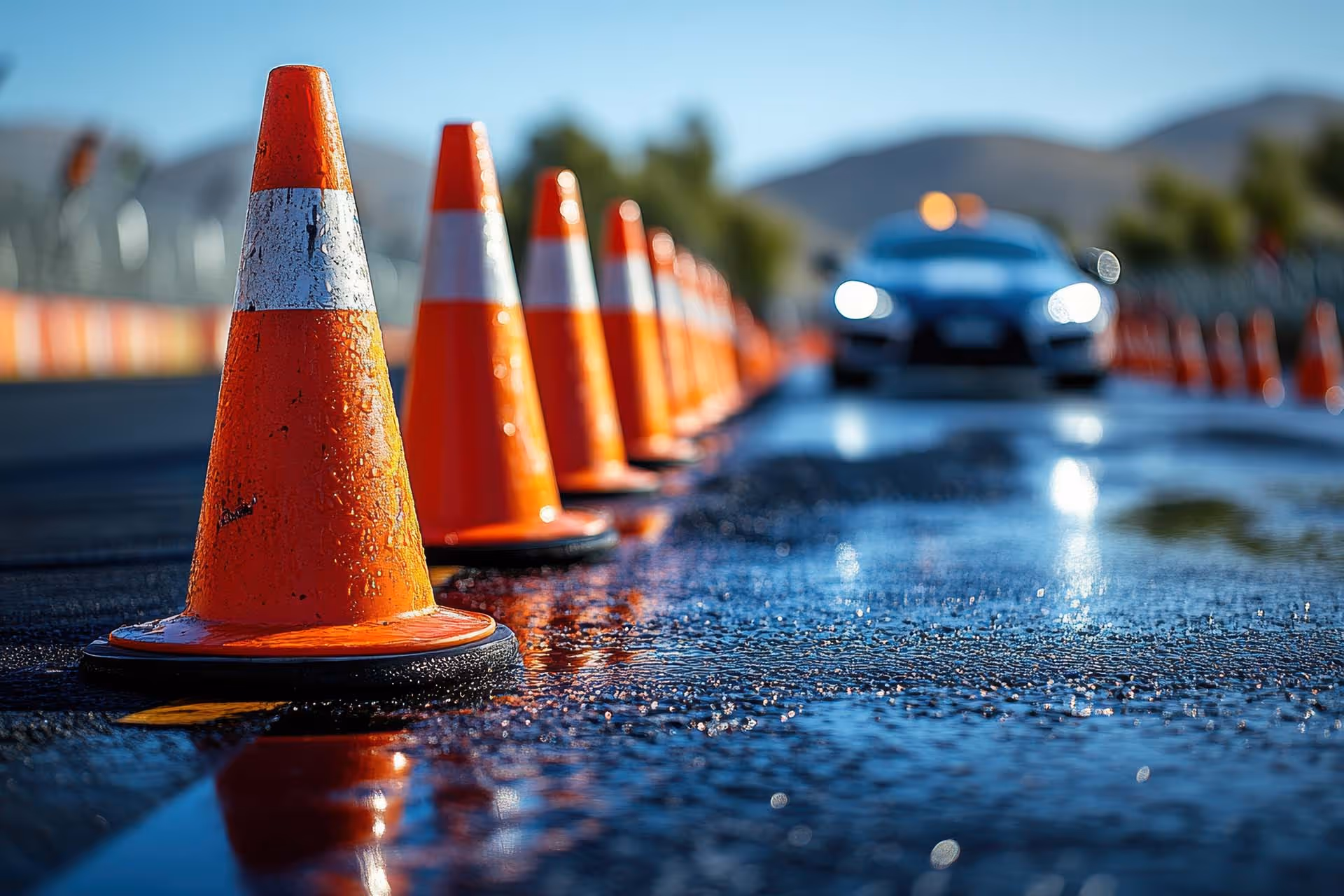 En kjøreskolebil ved siden av trafikk-kjegler