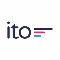 Ito World logo with lowercase letters and three horizontal lines in pink and blue to the right.