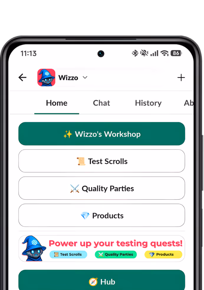 Mobile app screen showing Wizzo with navigation tabs Home, Chat, History, and sections including Wizzo's Workshop, Test Scrolls, Quality Parties, and Products with colorful labels and icons.