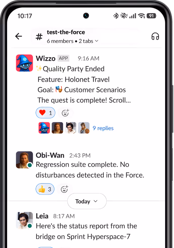 Smartphone screen showing a team chat in #test-the-force channel with messages from Wizzo, Obi-Wan, and Leia about completed quests, regression suite, and status report.
