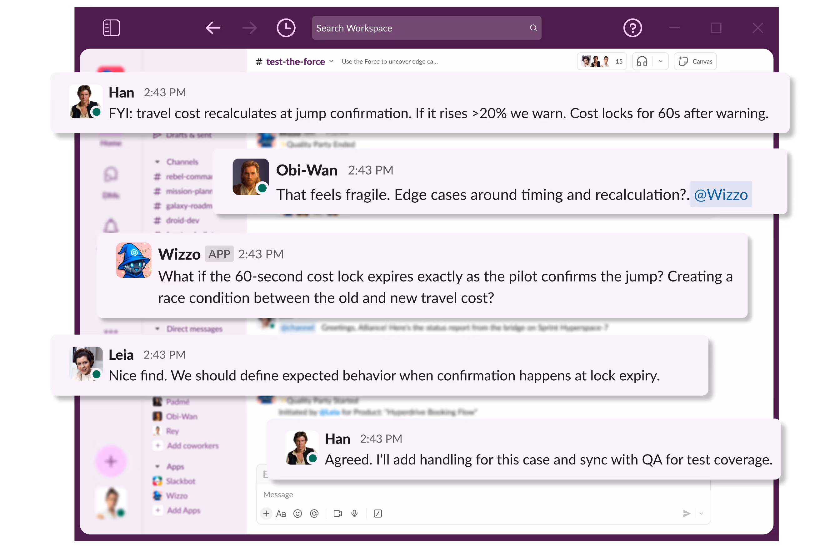 Screenshot of a workspace chat conversation discussing travel cost recalculation and lock timing, with messages from Han, Obi-Wan, Wizzo app, and Leia.