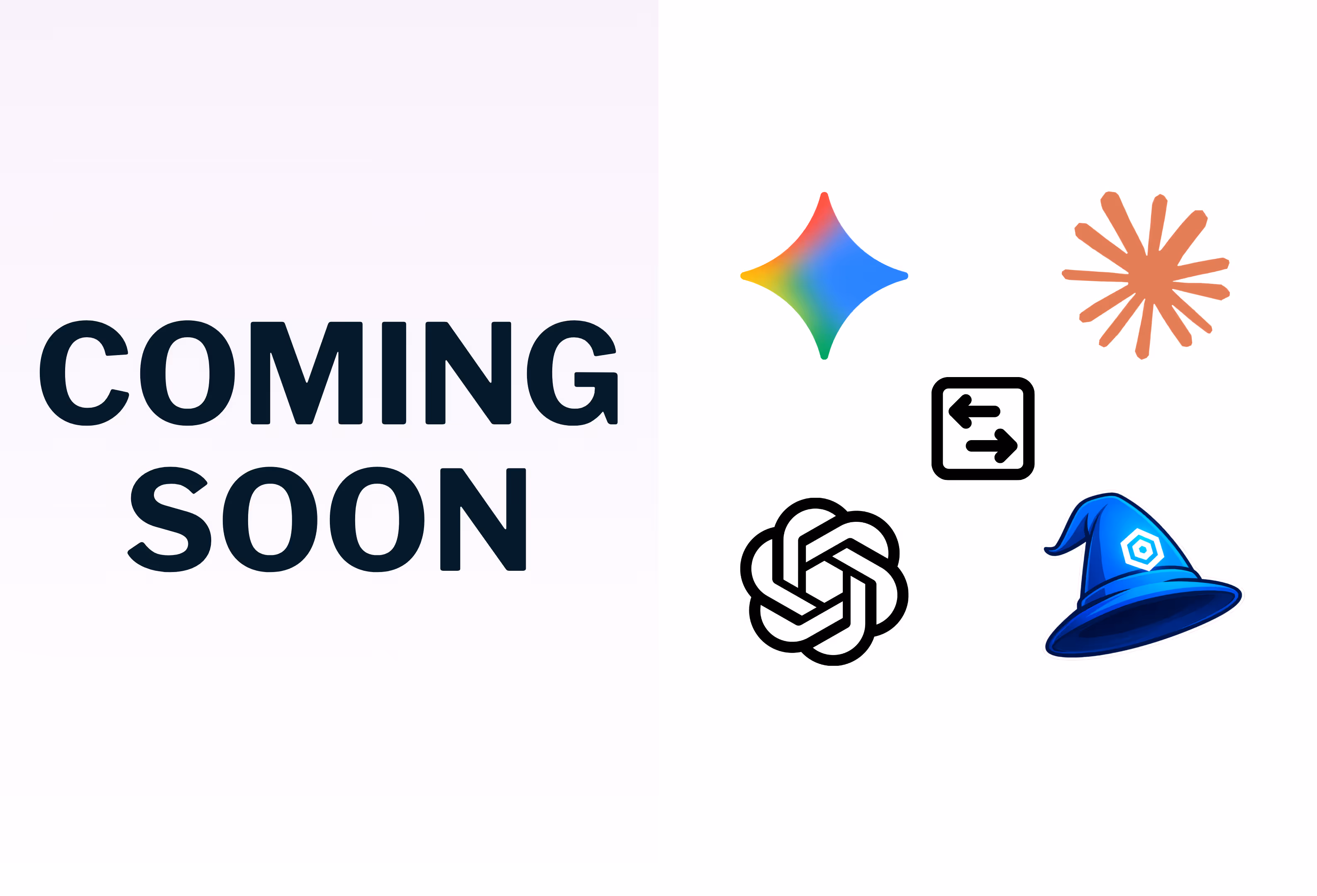 Text saying 'COMING SOON' on the left with five colorful icons on the right representing AI and related concepts.