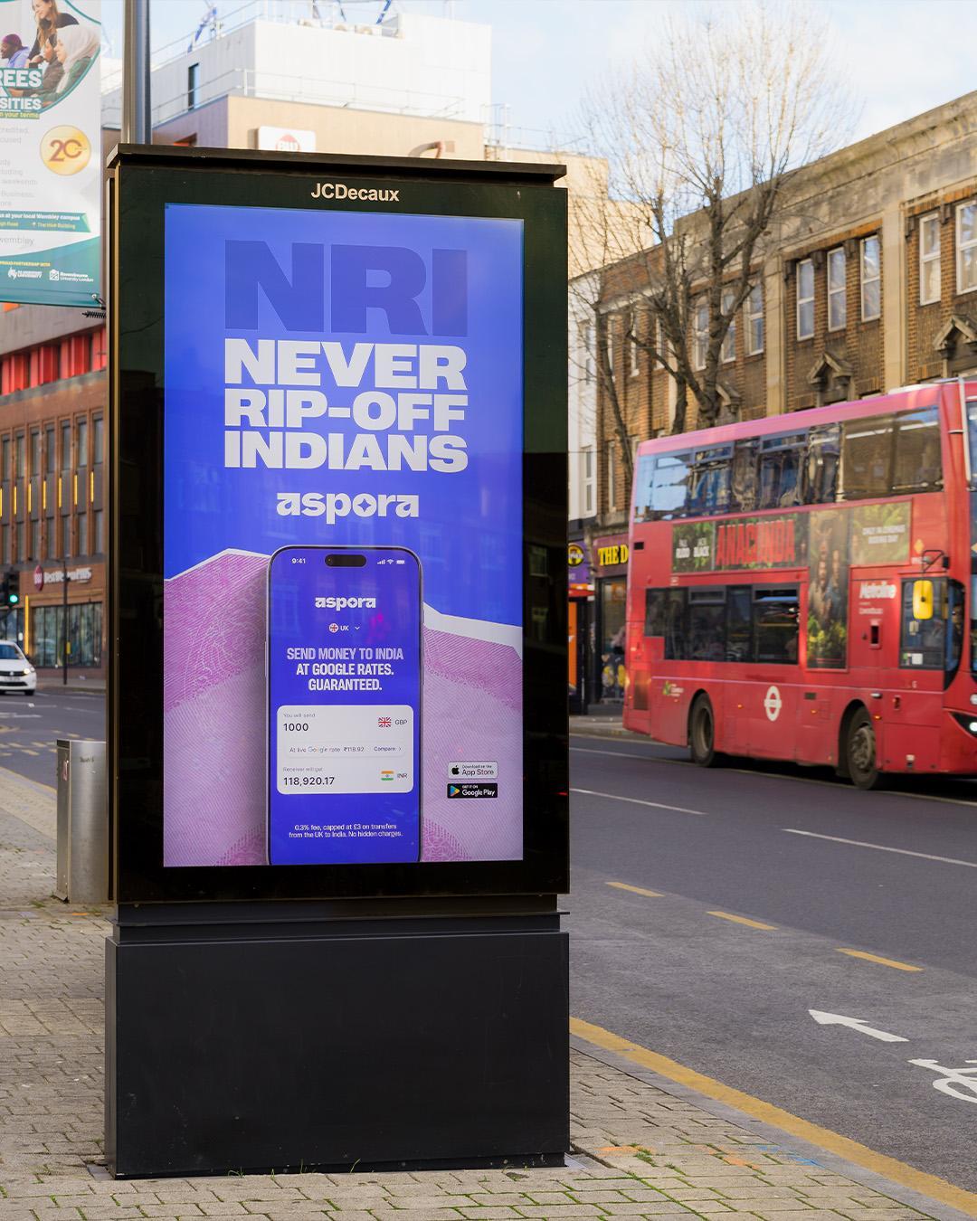 Aspora OOH advertising billboard on London street - Noise Media Group out of home advertising and brand activations