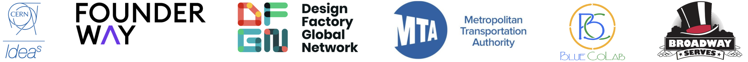 Logos from projects Sammy has worked on including FounderWay, MTA, Design Factory, BlueColab, and Broadway Serves.