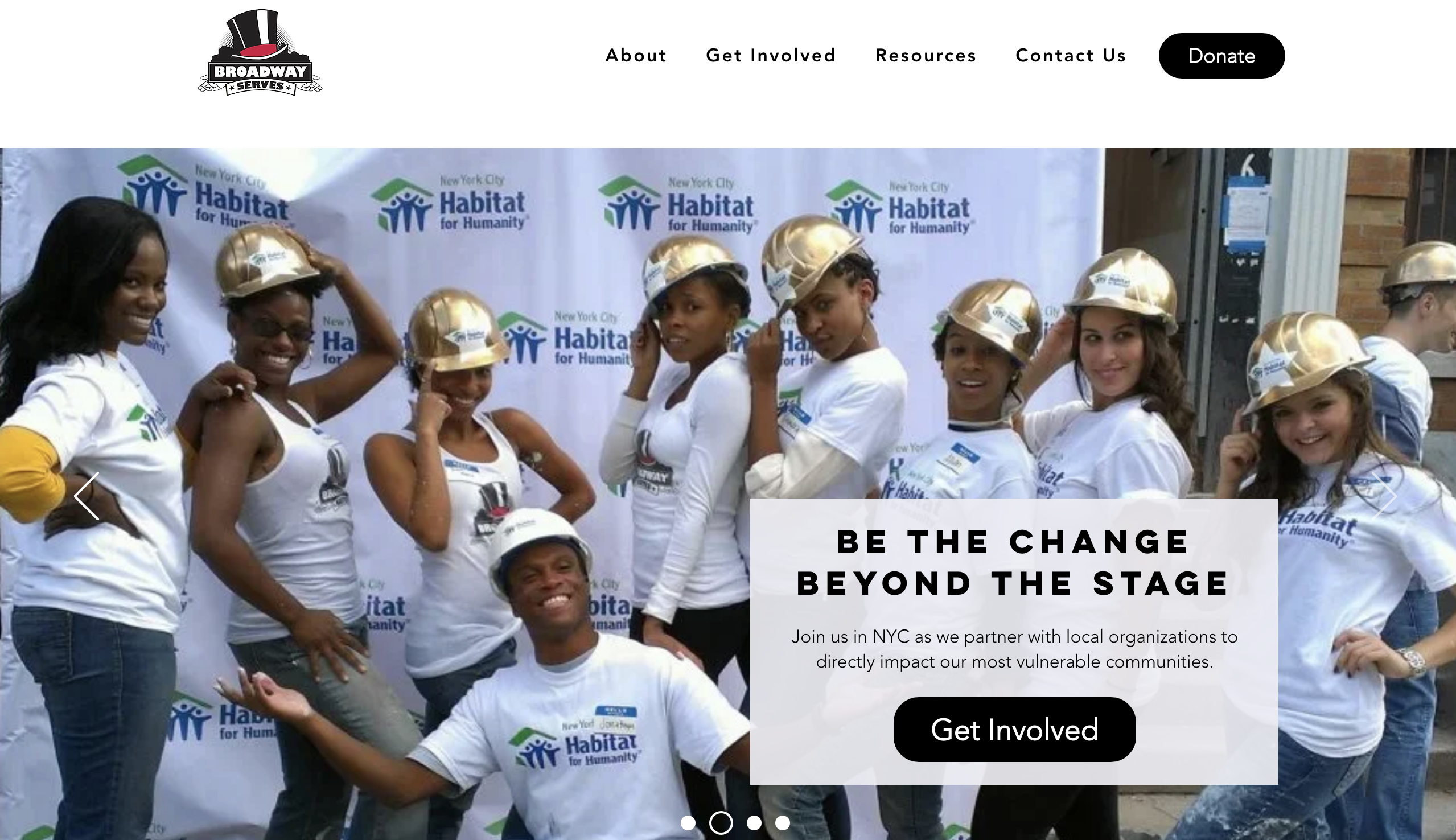 Sammy's design of the homepage of Broadway Serves new website. A group of volunteers with the tagline "Be the Change Beyond the Stage"