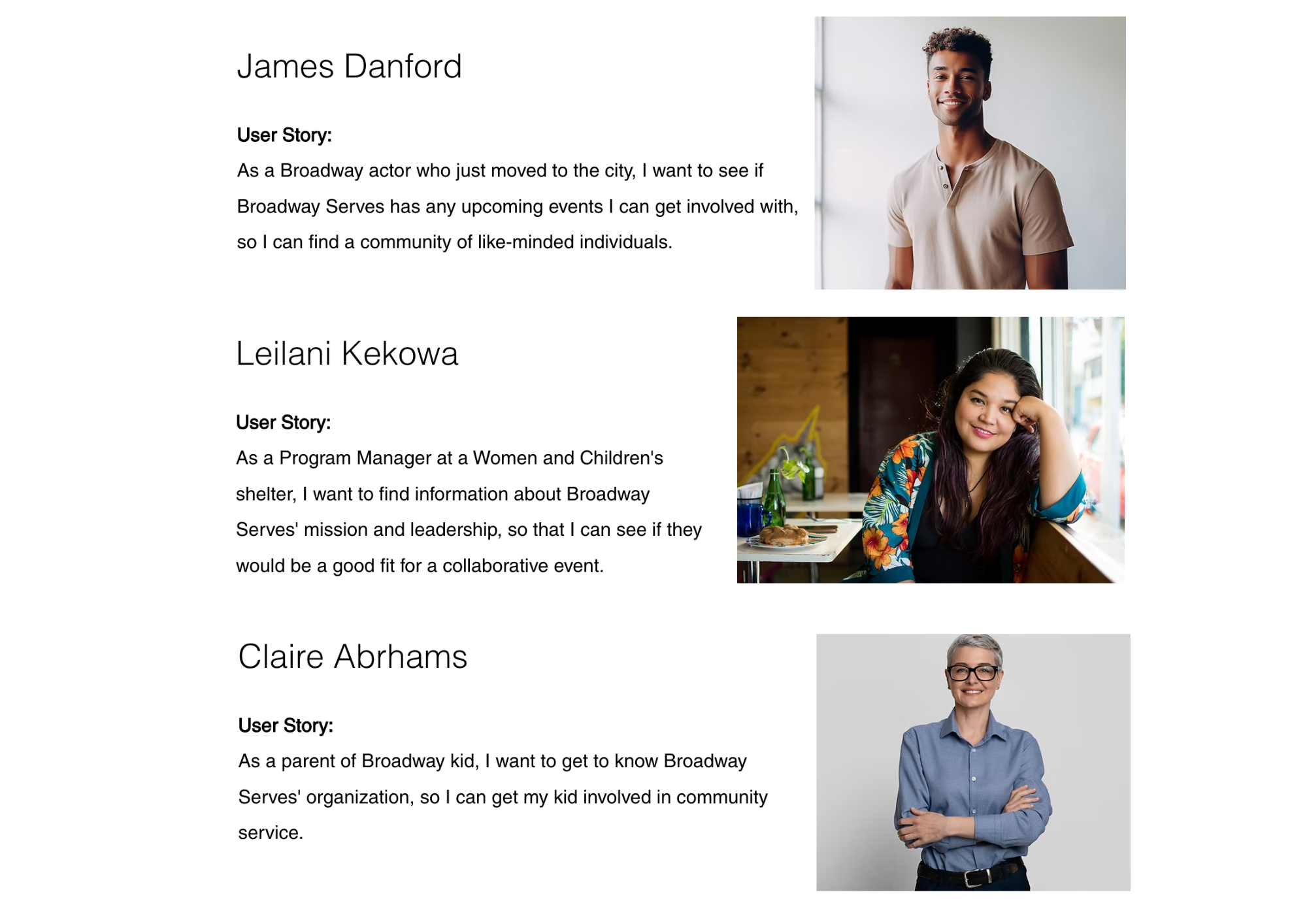 Three users: a volunteer, a sponsor, and a parent of a volunteer.