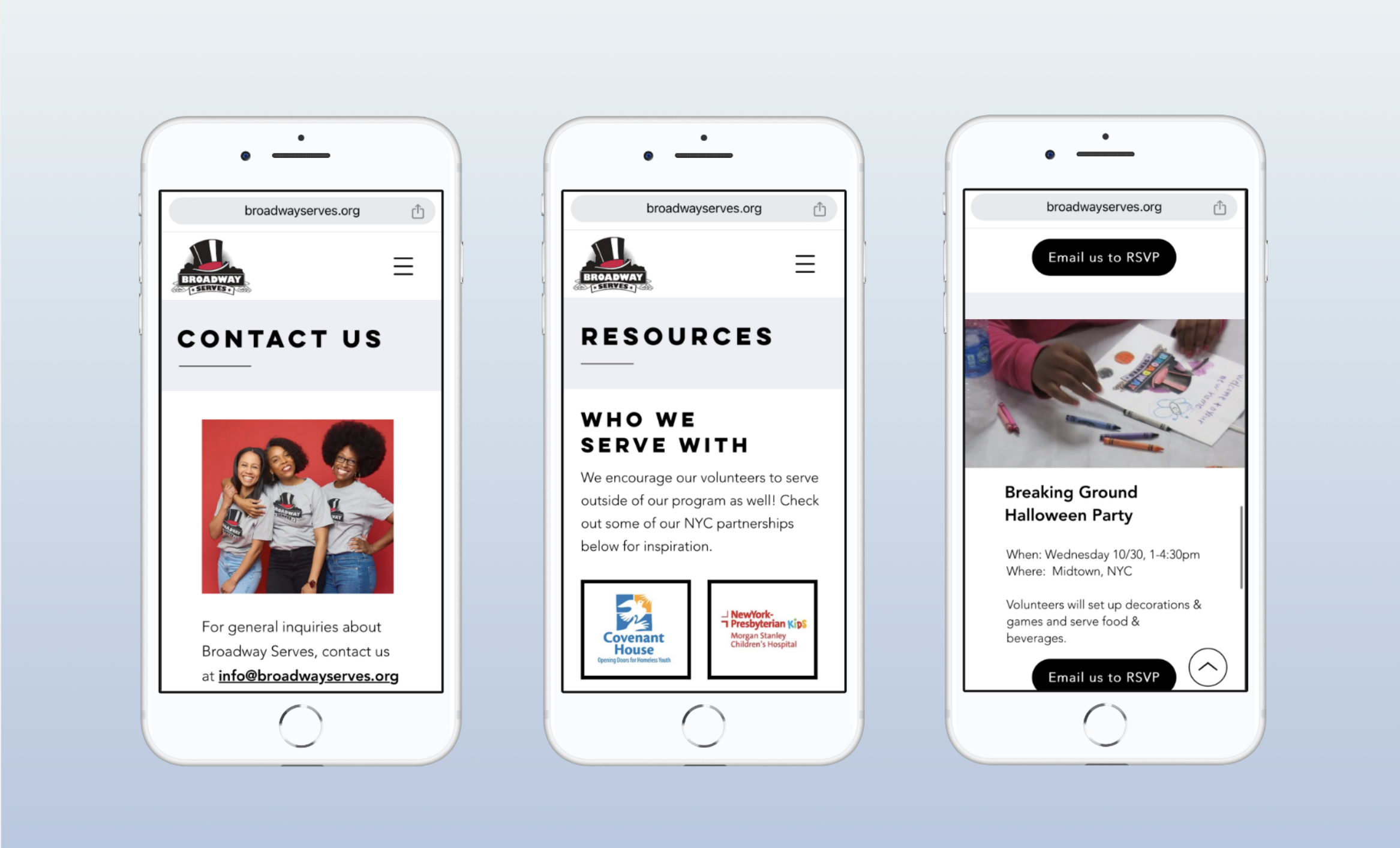 Sammy's design of the Broadway Serves new website, shown on mobile. 
