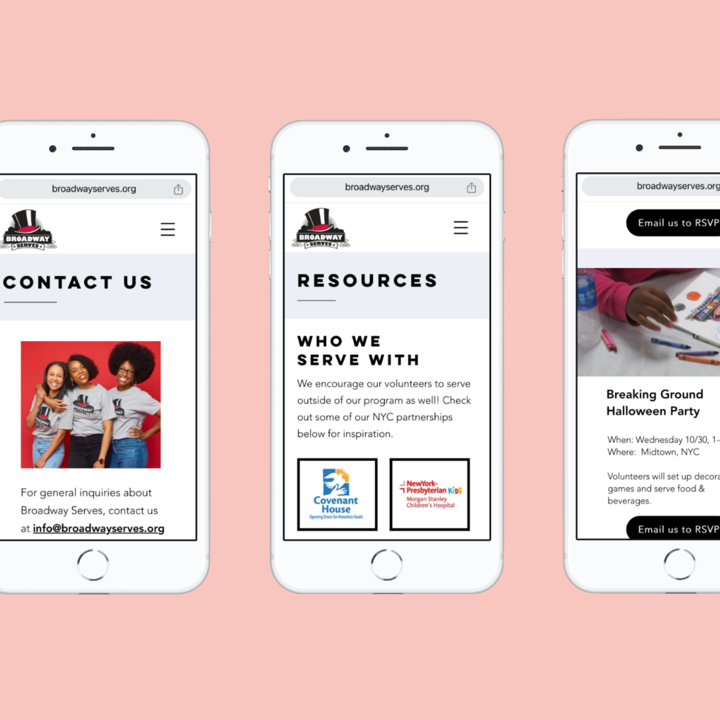 Sammy's design of the Broadway Serves new website, shown on mobile. 