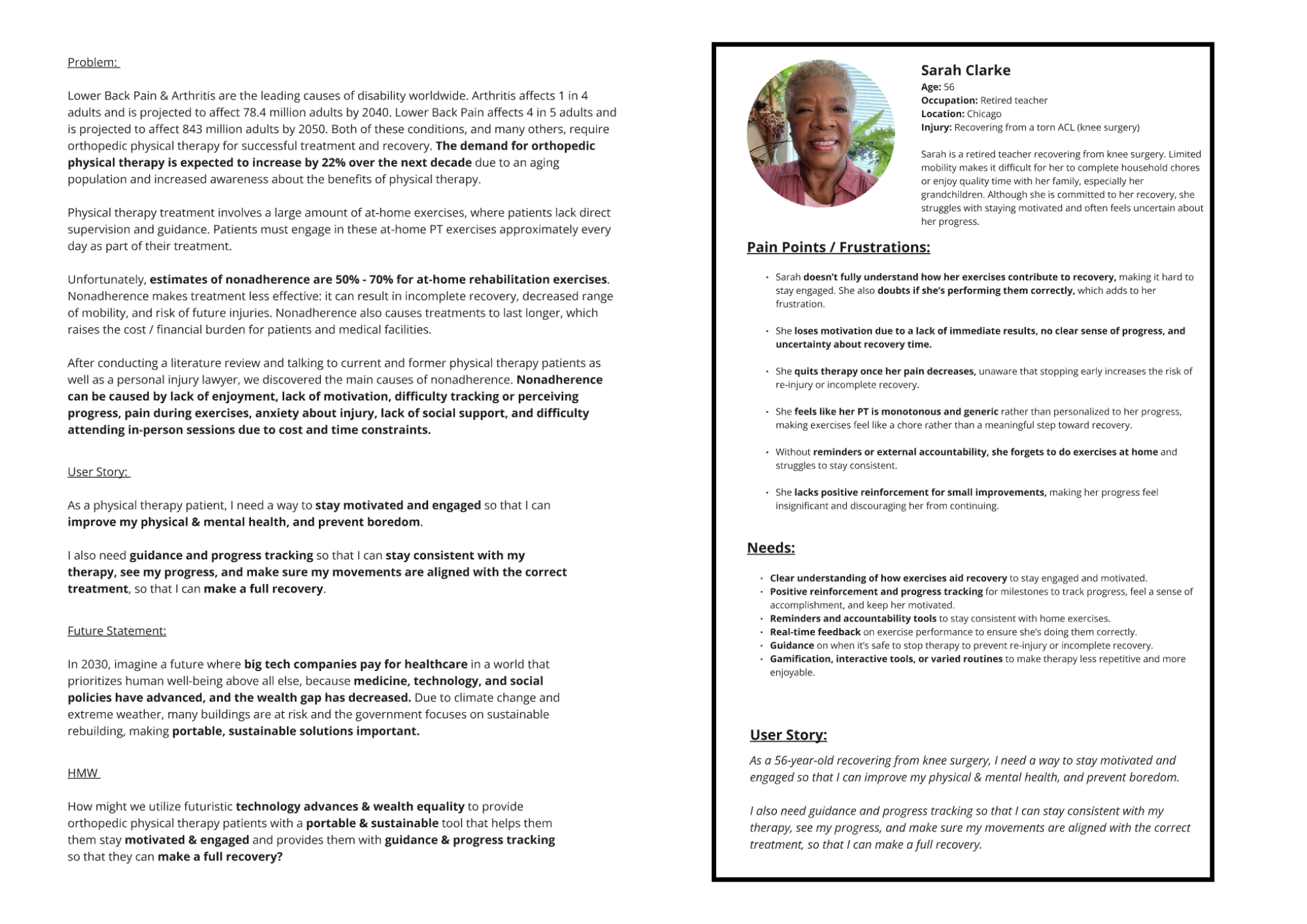 A problem document including a problem statement, future scenario, persona, and user story.