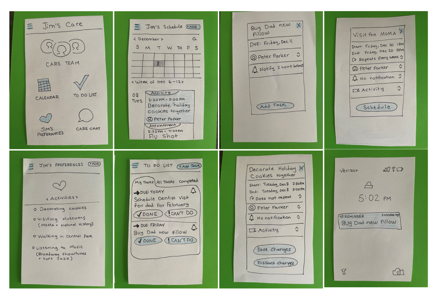 Paper prototype of family care app, showing homescreen, favorite activities, scheduling, and care chat.