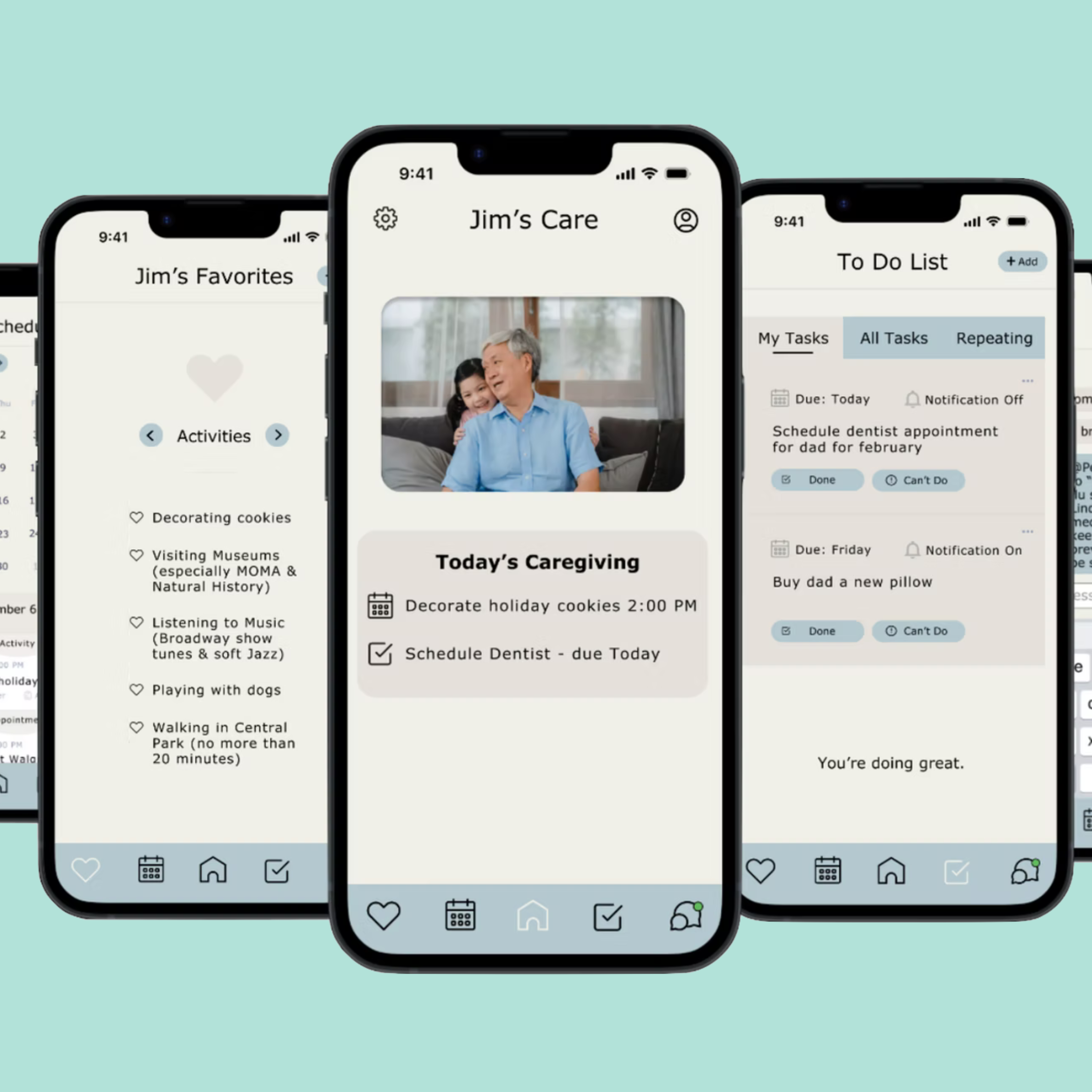 Designs of Family Care App showing homescreen, favorite activities, scheduling, and care chat.