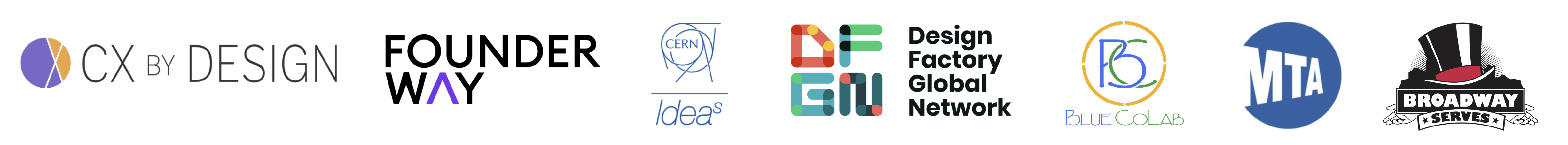 Logos from projects Sammy has worked on including CX By Design, FounderWay, MTA, Idea Squared at Cern, Design Factory, BlueColab, and Broadway Serves.