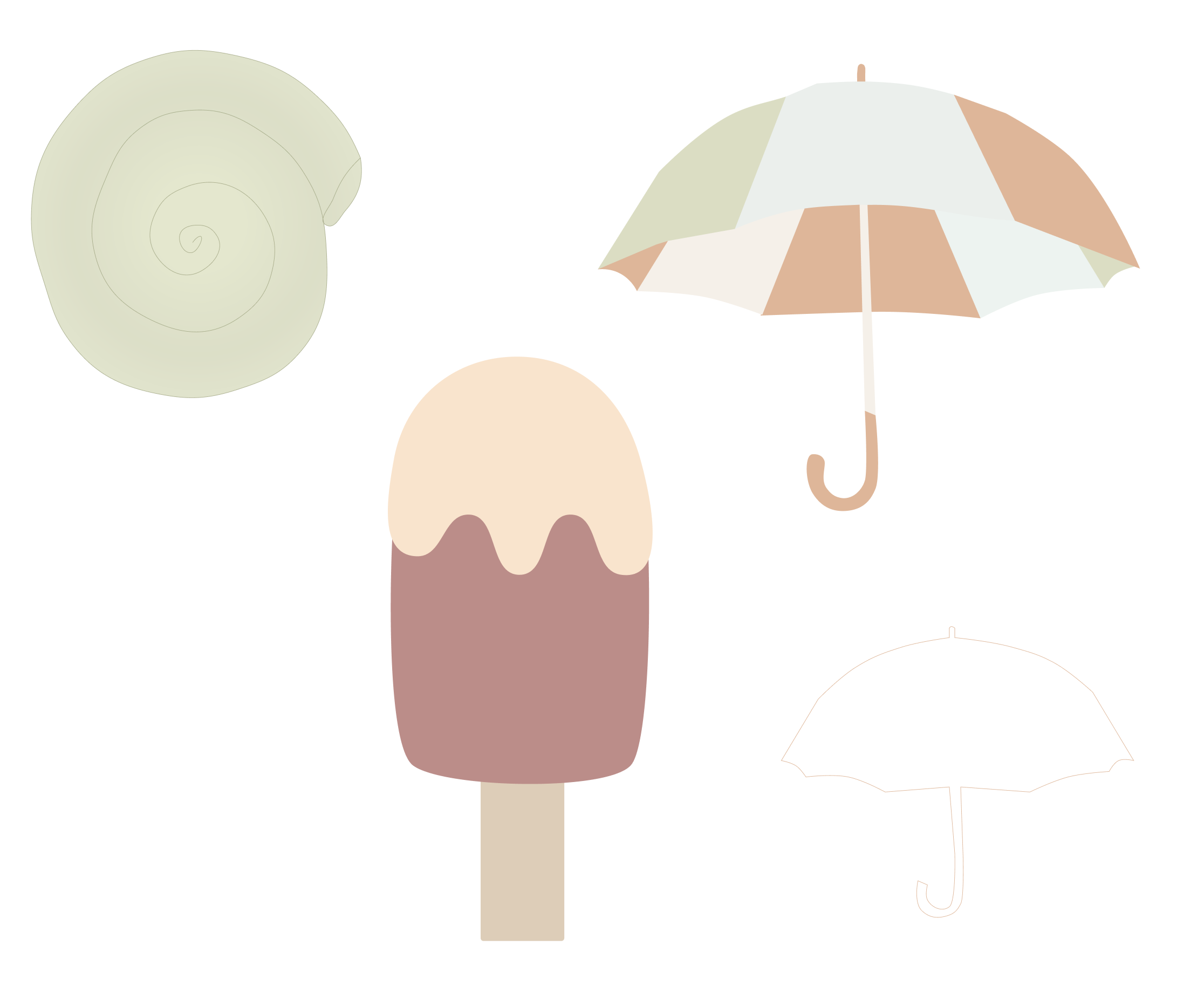 Hand drawn, rounded illustrations of a swirl, popsicle, and umbrella.