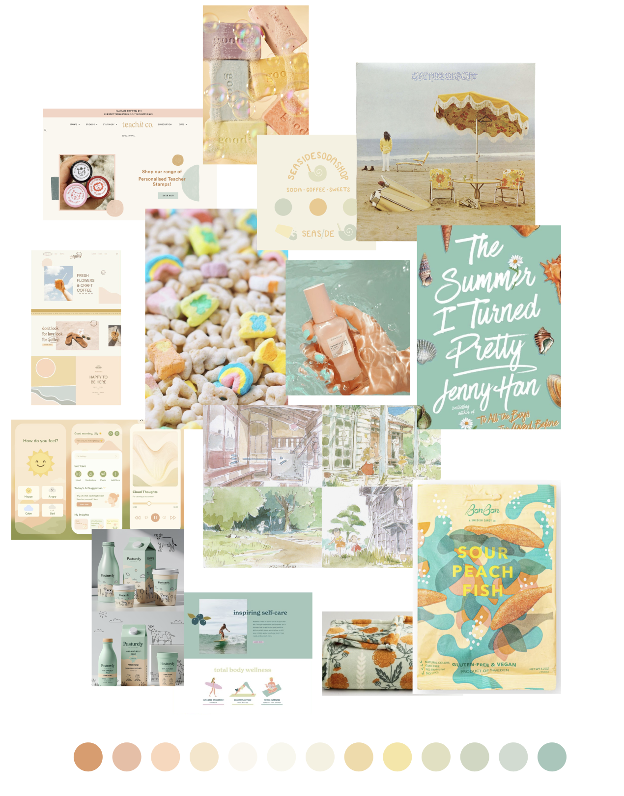 A design inspiration board for sensitive studios, showing pictures like cereal, candy, books, album covers, and mobile apps. 