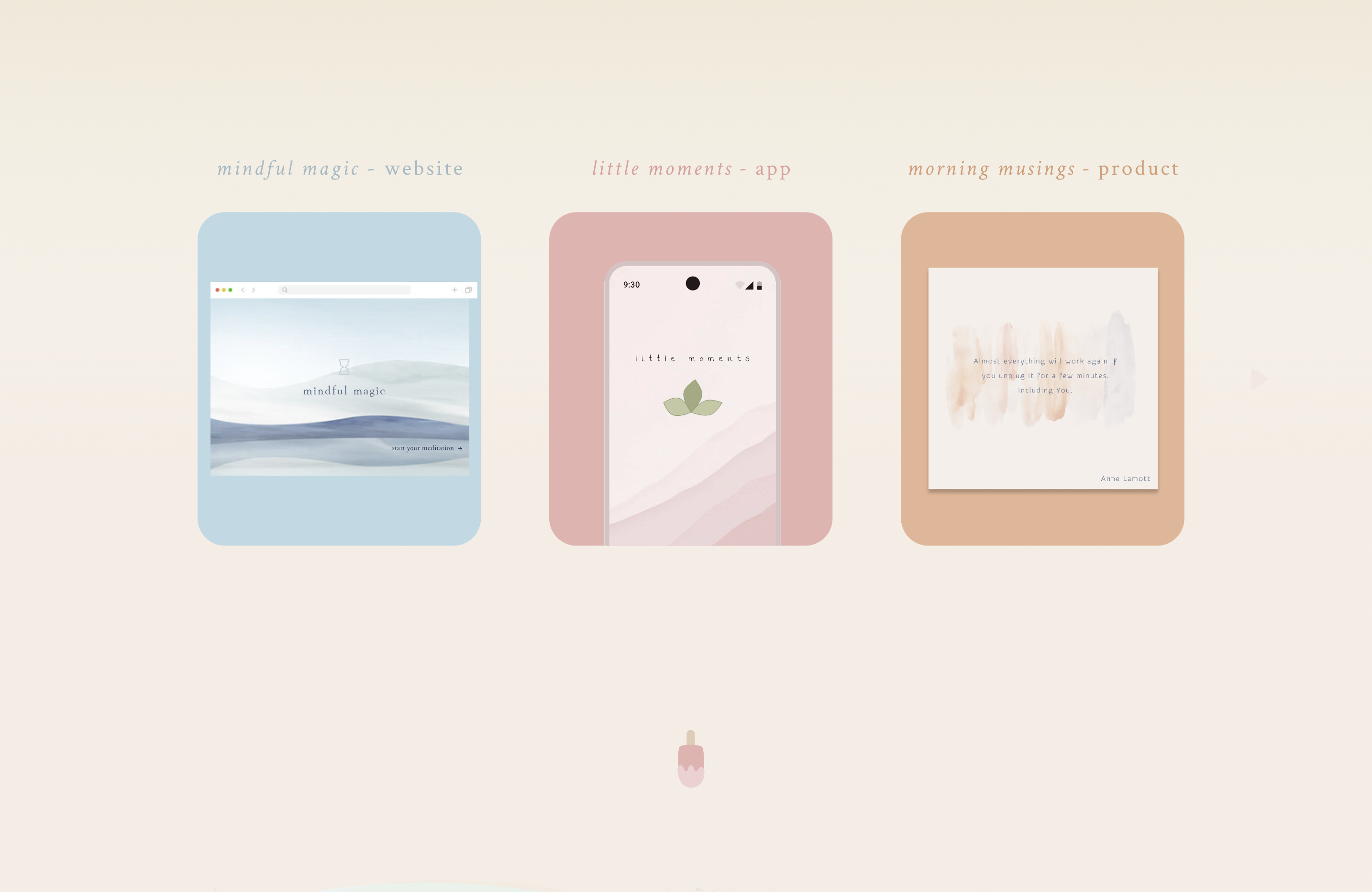 The project section of the sensitive studios website, showing three past projects: a meditation website, a quote app, and poetry cards.