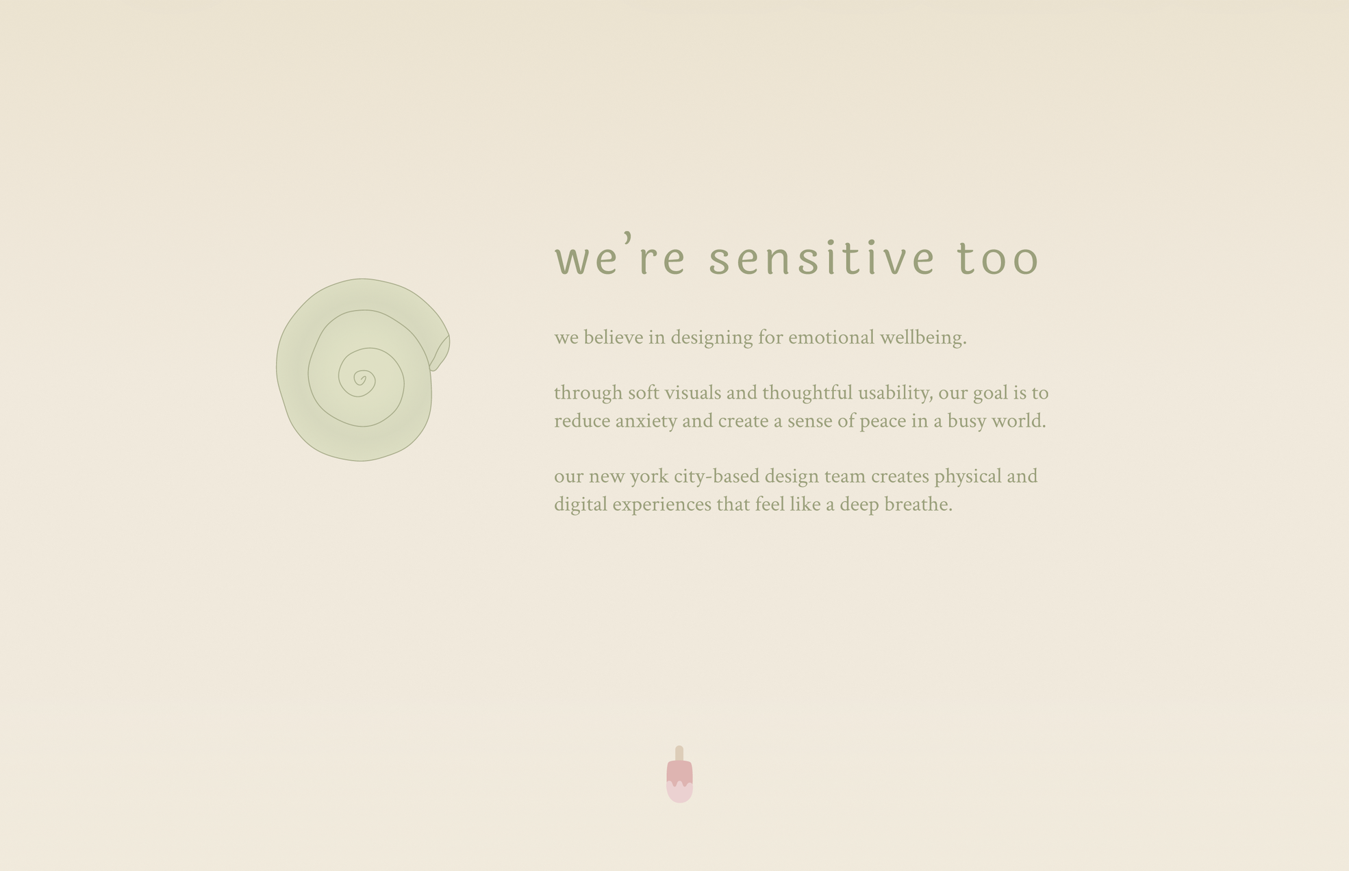 The about section of sensitive studio's website, featuring a short bio that says "we're sensitive too" and a description of the company's mission including "creating peace in a busy world."