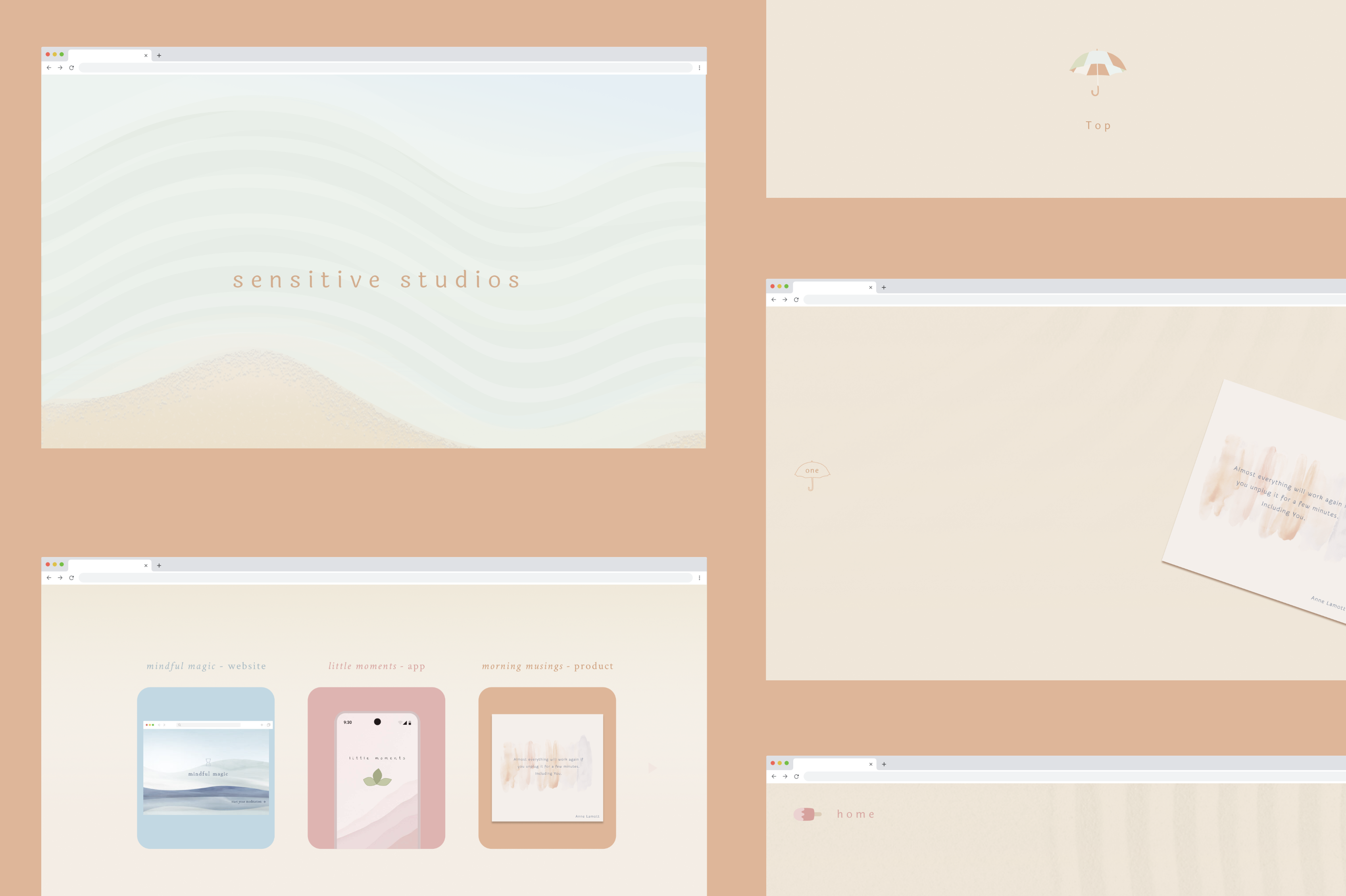 Webpage mockups of sensitive studios including the landing page, project section, and a project page.