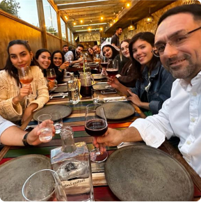 Hyphen colleagues celebrating and drinking at the restaurant 